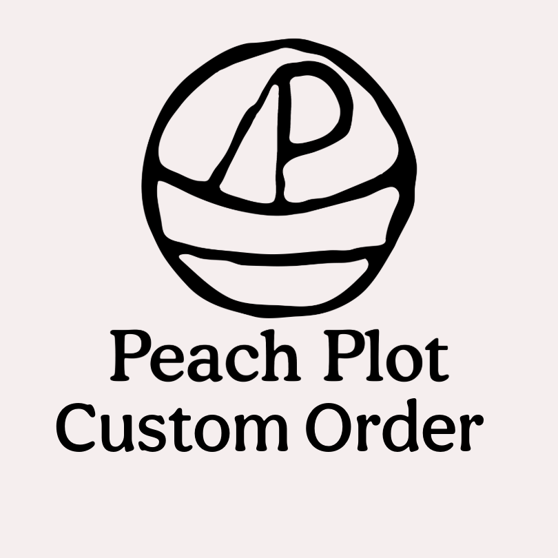 Logo and text 'Peach Plot Custom Order' on a light pink background